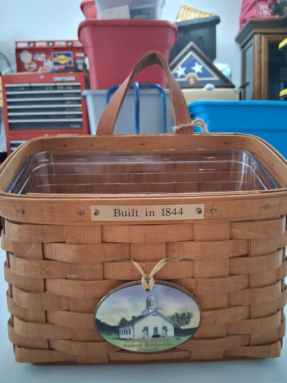 Longaberger 2006 Handwoven Basket,protector with Decorative Church Tie On
